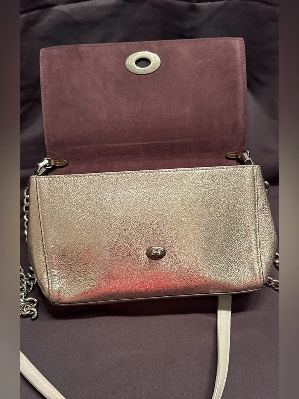 Coach 43023 Alexa Turnlock Clutch Crossbody Metallic Platinum Leather